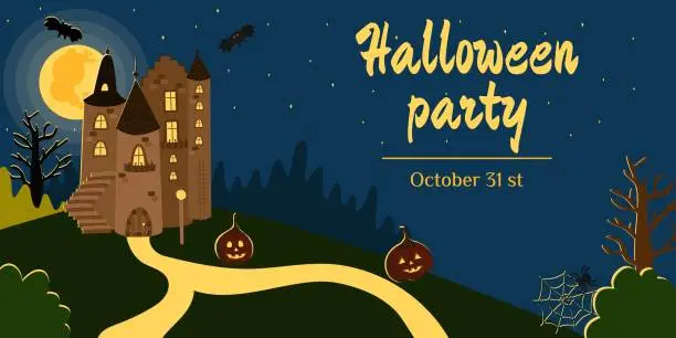 Vector illustration of Halloween dark house, castle on the background of a full moon, pumpkins, bats. Vector illustration in cartoon style, clipart. Template for a creepy party, banner, poster, postcard, invitation