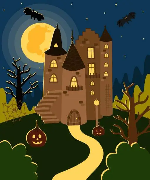 Vector illustration of Halloween dark house, castle on the background of a full moon. Vector illustration in cartoon style, clipart. For design, decoration, postcards