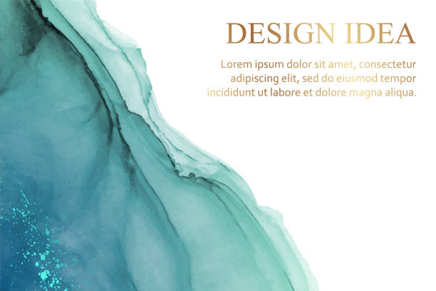 Watercolor background with abstract turquoise ink waves and splashes. Modern watercolor background or elegant card design or wallpaper or poster with abstract turquoise ink waves and splashes. thank-you-gold-greeting-card stock illustrations