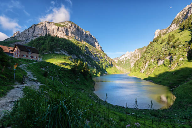 Lake Fählensee in the Alpstein, Appenzellerland, Switzerland The Alpstein is a hiking area near Appenzell, Switzerland. This is lake Fählensee a beautiful mountain lake in the Swiss alps. It is easy to hike there and is a popular recreation area also for tourists in the summer. appenzell stock pictures, royalty-free photos & images