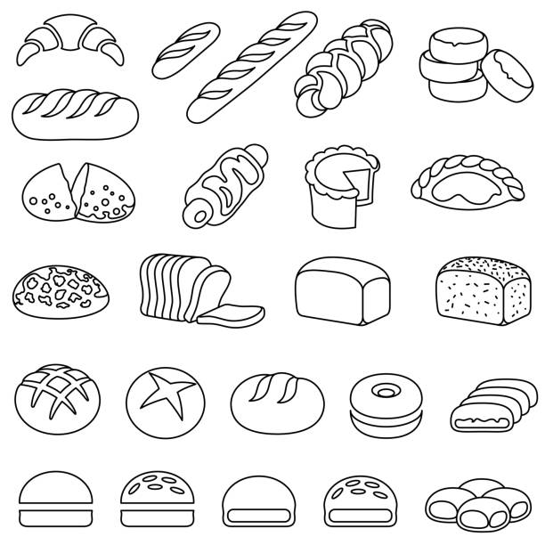 Bakery Bread and Pastry Outline Icons Single color isolated icons of bakery bread and pastries bread stock illustrations