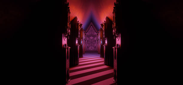 istock Empty scene background. Dark futuristic background of empty room, neon red light, advanced floor. 3D Rendering 1390060197