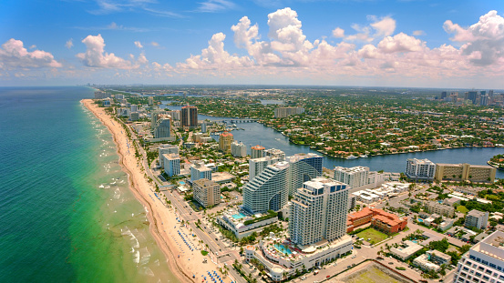 Aerial view of waterfront hotels on Central Beach, Fort Lauderdale, Florida, USA.