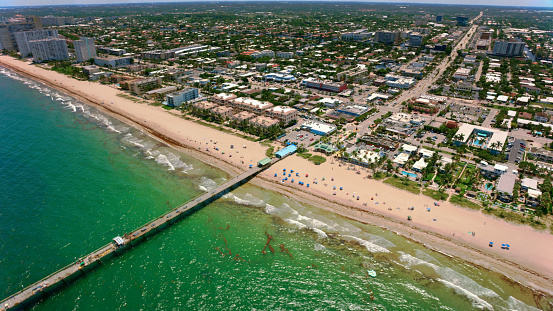 Aerial view of Anglin's Pier in Lauderdale-By-The-Sea in Florida, USA.