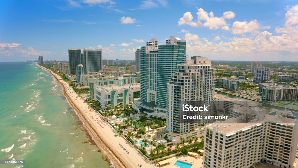 Hotels on Hollywood beach Aerial view of hotels on the waterfront in Hollywood, Florida, USA. Florida - US State Stock Photo