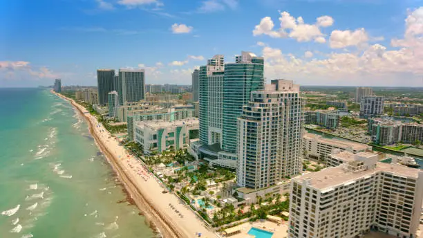 Aerial view of hotels on the waterfront in Hollywood, Florida, USA.
