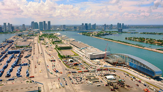 Aerial view of Dodge Island by Government Cut channel in Miami, Florida, USA.