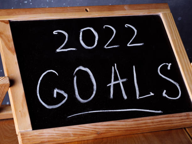 istock 2022 goals text hand writing on chalkboard - motivation concept. 1390062362