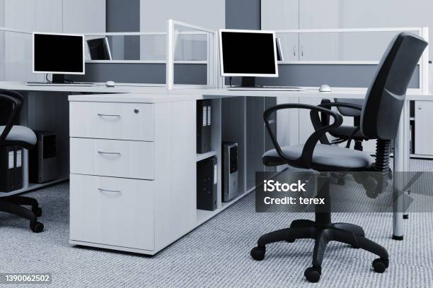 Workplaces With Computers In Modern Office Stock Photo - Download Image Now - Office, Office Cubicle, Cabinet