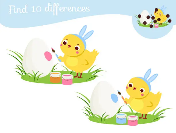 Vector illustration of Find the differences. Educational children game. Kids activity fun page. Cute chicken. Easter theme