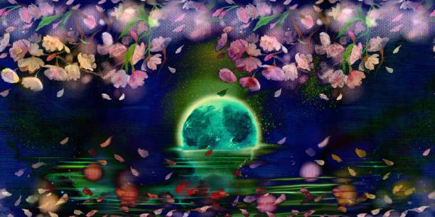 istock Fantastic illustration of a blue full moon setting over the rippling sea at midnight with cherry blossom petals dancing. 1390064416