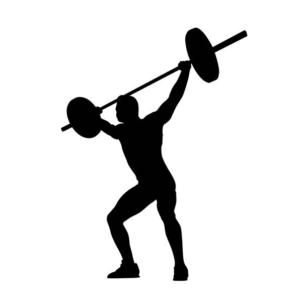 Weightlifting. Weight lifter lifts big barbell, isolated vector silhouette Weightlifting. Weight lifter lifts big barbell, isolated vector silhouette gym silhouettes stock illustrations