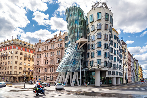 Prague, Czech Republic - July 6, 2016: Exterior shot of The Dancing House, the nickname given to the Nationale-Nederlanden building on the Rasin Embankment in Prague, Czech Republic.