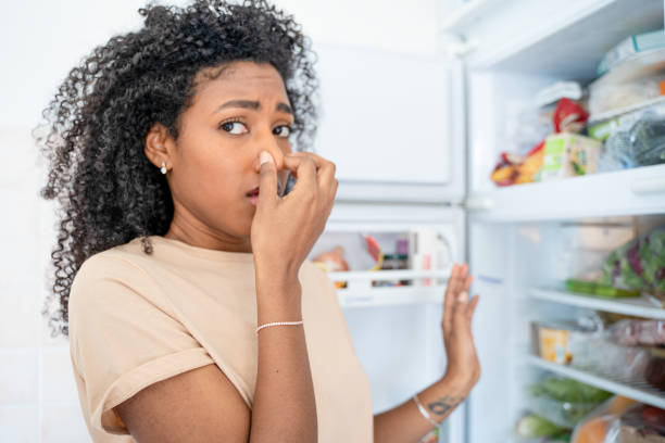 One black woman smelling rotten food in the fridge One disgusted black woman smelling stinky and dirty fridge fermenting photos stock pictures, royalty-free photos & images