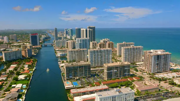 Aerial view of Golden Isles in Hallandale Beach, Florida, USA.