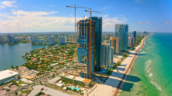 Aerial view of hotels on the waterfront in Sunny Isles Beach in Miami, Florida, USA.