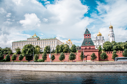 summer landscape of Moscow city center. Moscow Kremlin view from Zaryadye Park, Russia. High quality photo