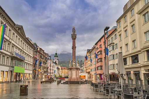 Innsbruck Austria, city skyline at St. Anne's Column town square and Maria Theresien Street