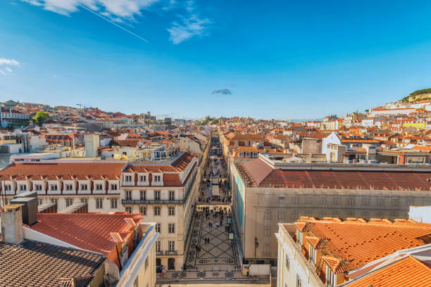 Lisbon Portugal aerial view city skyline at Augusta street Lisbon Portugal aerial view city skyline at Augusta street baixa stock pictures, royalty-free photos & images