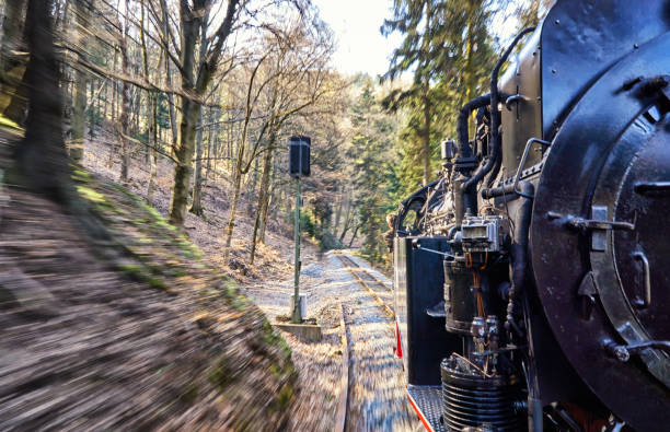 Wernigerode, Germany - April 16, 2019: Ride a life in a steam locomotive. Dynamics through motion blur.