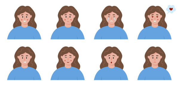 Woman emotions set. Different facial expression icons. Female's face avatars. Woman emotions set. Different facial expression icons. Female's face avatars. Vector people illustration in flat style isolated on white background. emotional series stock illustrations