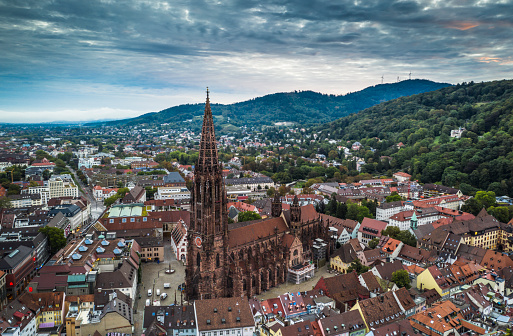 Aerial view of Freiburg Minster. Freiburg im Breisgau in Baden-Württemberg - Germany