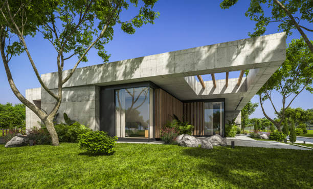 istock 3d rendering of new concrete house in modern style 1390071533