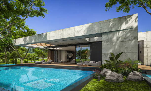 istock 3d rendering of new concrete house in modern style 1390071536