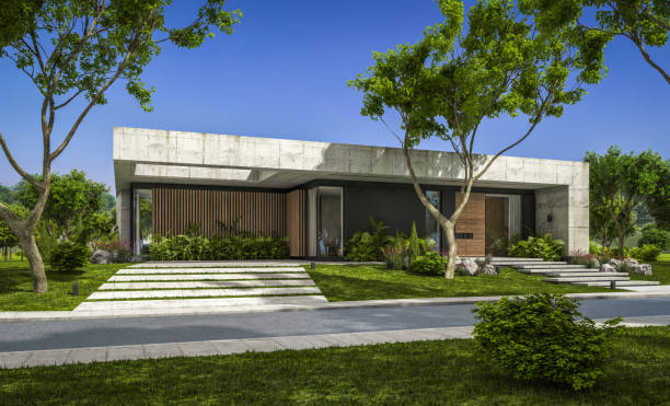istock 3d rendering of new concrete house in modern style 1390071609