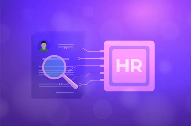 Vector illustration of AI in HR - human resource management concept. Artificial intelligence in hiring icon. A robot scans CV resumes database of potential employees for further interviews. HR automation