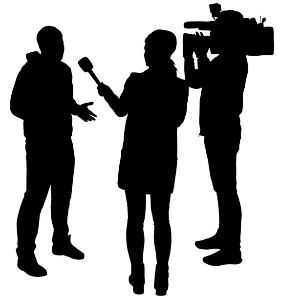 Silhouette operator removes journalist with microphone on a white background vector art illustration