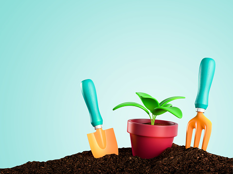 Planting a small plant on a pile of soil with Gardening tools on blue isolated background. 3d render