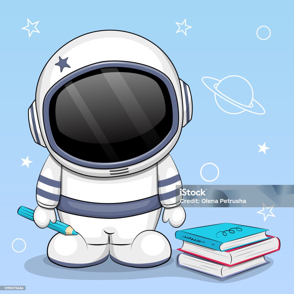 Ilustración de Astronauta De Dibujos Animados Con Un Lápiz Y Libros y más  Vectores Libres de Derechos de Accesorio de cabeza - iStock
