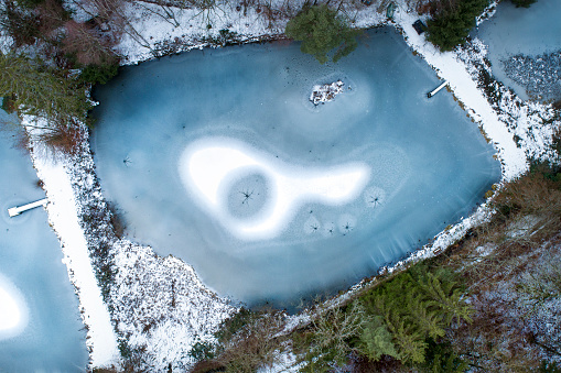 Frozen fishpond - aerial view