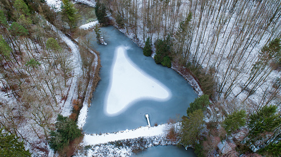 Frozen fishpond - aerial view