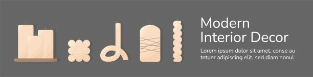 istock Modern interior decor candles banner. Beige Scandinavian boho style candles isolated on dark grey background horizontal banner. Cozy hygge home decor elements cartoon flat vector illustration. 1390077919