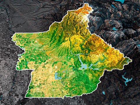 3D Render of a colorful Topographic Map of Butte County.  \nAll source data is in the public domain.\nContains modified Copernicus Sentinel data (March 2022) courtesy of ESA. \nURL of source image: https://scihub.copernicus.eu/dhus/#/home.\nRelief texture: 3DEP data, courtesy of USGS The National Map. \nURL of source image: https://apps.nationalmap.gov/downloader/#/