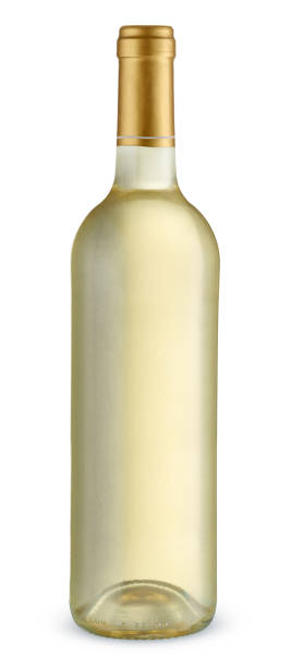 bottiglia trasparente di vino bianco isolato su fondo bianco - bottiglia di vino foto e immagini stock