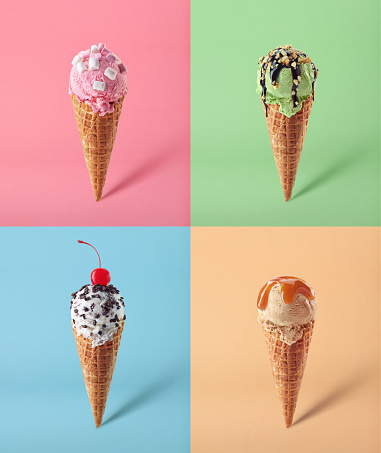 Four Ice cream cones on different colored backgrounds. White vanilla, pink strawberry, green pistachio and brown caramel flavors. Pop art style.