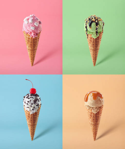 Set of different ice cream Four Ice cream cones on different colored backgrounds. White vanilla, pink strawberry, green pistachio and brown caramel flavors. Pop art style. cornet stock pictures, royalty-free photos & images
