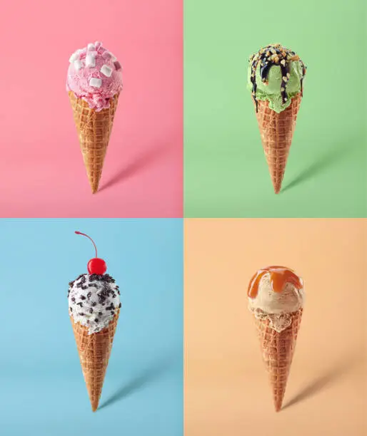 Four Ice cream cones on different colored backgrounds. White vanilla, pink strawberry, green pistachio and brown caramel flavors. Pop art style.