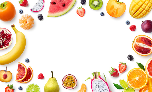 Frame of various fresh colored fruits on white background, top view, copy space. Healthy eating. Flat lay
