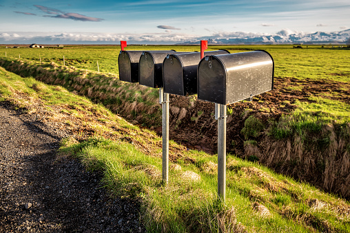 Black metal mailboxes along a quiet country road. Green lawn