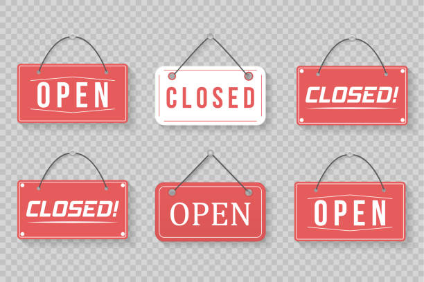 istock Flat sign open closed, hanging signboard for shop. 1390082447