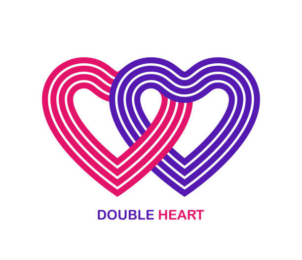 stockillustraties, clipart, cartoons en iconen met two hearts linked to each other vector geometric linear logo isolated on white background, best emblem for charity or couple in live wedding or community or connection. - symmetrie