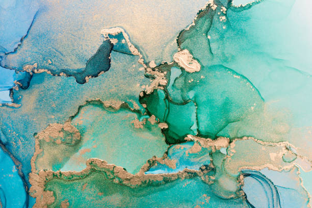 encre d’alcool bleu et vert texture abstraite, papier peint tendance - horizontal blue turquoise painted image photos et images de collection