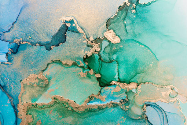 blue and green alcohol ink abstract texture, trendy wallpaper - horizontal blue turquoise painted image imagens e fotografias de stock