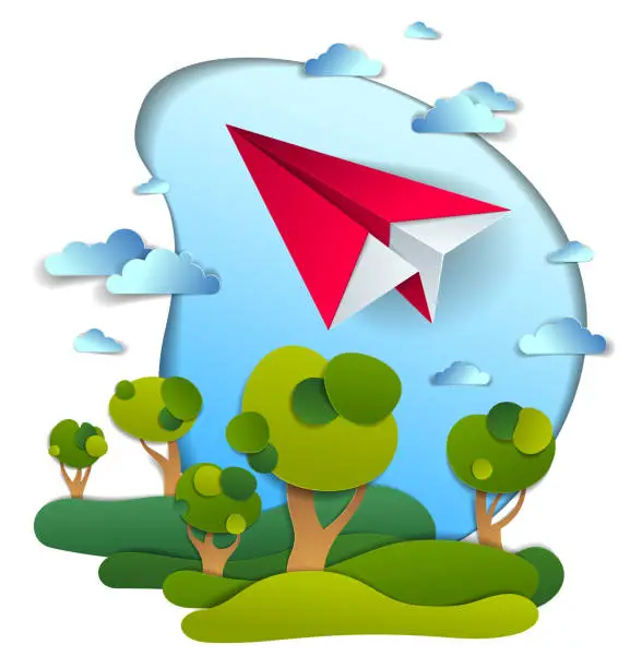 Vector illustration of Paper plane flying in cloudy sky over scenic landscape of grasslands and trees, origami folded toy airplane in beautiful nature, vector illustration, airlines, airways air travel theme.