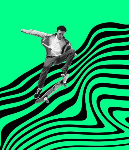 istock Contemporary art collage. Young active man, student skating isolated over hypnotic multicolored background 1390084373