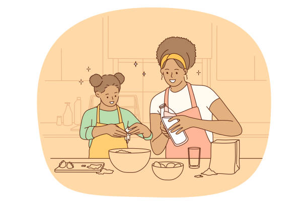 kochen mit familien- und freizeitkonzept - familie essen stock-grafiken, -clipart, -cartoons und -symbole